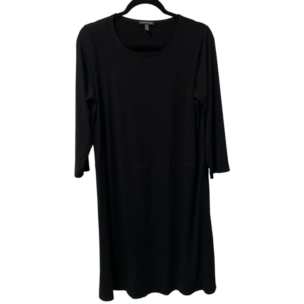 EILEEN FISHER BLACK DRESS 3/4 SLEEVE STRETCH KNEE LENGTH MINIMALIST SIZE M